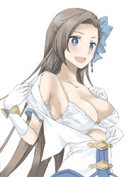 Rule 34 | 1girl, asymmetrical bangs, blue bow, blue eyes, blush, bow, bra, breasts, brown hair, cleavage, collarbone, dress, earrings, elf (stroll in the woods), female focus, from side, gloves, hair bow, highres, jewelry, katarina claes, lace, lace bra, large breasts, long hair, looking away, open clothes, open dress, open mouth, otome game no hametsu flag shika nai akuyaku reijou ni tensei shite shimatta, parted bangs, simple background, smile, solo, strap gap, textless version, underwear, undressing, upper body, very long hair, white background, white bra, white dress, white gloves