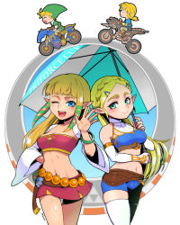 Rule 34 | 2boys, 2girls, adapted costume, blonde hair, blue eyes, braid, breasts, cleavage, crop top, crown braid, detached sleeves, dual persona, elbow gloves, gloves, green eyes, link, looking at viewer, mario (series), mario kart, master cycle, miniskirt, motor vehicle, motorcycle, multiple boys, multiple girls, nintendo, pointy ears, princess zelda, race queen, riding, short shorts, shorts, skirt, smile, strapless, the legend of zelda, the legend of zelda: breath of the wild, the legend of zelda: skyward sword, tube top, umbrella, yasurou