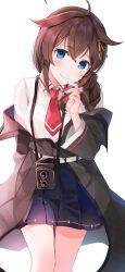 Rule 34 | 1girl, absurdres, ahoge, black skirt, blue eyes, blush, braid, brown hair, camera, camera around neck, closed mouth, collared shirt, feet out of frame, hair between eyes, hair flaps, highres, kantai collection, long hair, necktie, pleated skirt, red necktie, shigure (kancolle), shigure kai ni (kancolle), shirt, simple background, single braid, skirt, smile, solo, white background, white shirt, yunamaro