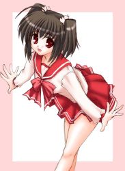 Rule 34 | 00s, 1girl, ahoge, bent over, black hair, bow, outstretched arms, pink bow, pleated skirt, red eyes, school uniform, serafuku, short twintails, skirt, solo, spread arms, to heart (series), to heart 2, twintails, yuzuhara konomi