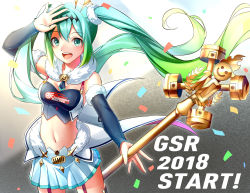 Rule 34 | 1girl, 2018, detached sleeves, floating hair, goodsmile racing, green eyes, green hair, hatsune miku, highres, long hair, navel, open mouth, pleated skirt, racing miku, racing miku (2018), rukinya (nyanko mogumogu), skirt, solo, twintails, very long hair, vocaloid