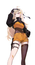 Rule 34 | 1girl, absurdres, bandaid, bandaid on knee, bandaid on leg, black gloves, black jacket, blonde hair, bodysuit, breasts, brown bodysuit, brown thighhighs, bustier, closed eyes, contrapposto, covered navel, cropped jacket, facial mark, fishnet bodysuit, fishnets, forehead protector, gloves, hair ornament, hairclip, hand on own hip, highres, holster, jacket, jingburger, kunai, lim donghyun, long hair, long sleeves, medium breasts, midriff, naruto (series), orange shirt, orange shorts, scratches, shirt, short shorts, shorts, simple background, single thighhigh, solo, thigh holster, thigh strap, thighhighs, very long hair, virtual youtuber, waktaverse, weapon, whisker markings, white background, zipper, zipper pull tab