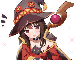 1girl bare_shoulders black_cape black_cat blush brown_hair button_eyes buttons cape cat chikuzen1996 collar collarbone dress fingerless_gloves gloves hat highres holding holding_staff kono_subarashii_sekai_ni_shukufuku_wo! long_sleeves looking_at_viewer megumin notice_lines off_shoulder open_mouth red_dress red_eyes short_hair short_hair_with_long_locks simple_background solo sparkle staff upper_body white_background witch_hat