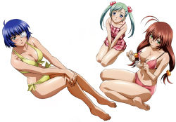 Rule 34 | 00s, 3girls, absurdres, ahoge, antenna hair, barefoot, bikini, blue eyes, blue hair, blush, breasts, brown hair, cleavage, earrings, embarrassed, eyepatch, unworn eyewear, feet, female focus, from above, from side, front-tie bikini top, front-tie top, full body, glasses, green eyes, green hair, hair between eyes, hair bobbles, hair ornament, halterneck, highres, holding, holding removed eyewear, ikkitousen, jewelry, large breasts, long hair, looking at viewer, magatama, magatama earrings, multiple girls, navel, non-web source, official art, one-piece swimsuit, one eye covered, own hands together, pink bikini, plaid, ryomou shimei, ryuubi gentoku, shokatsuryou koumei, short hair, side-tie bikini bottom, simple background, sitting, sweat, swept bangs, swimsuit, toes, twintails, wariza, white background, yellow bikini