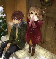 Rule 34 | 1boy, 1girl, bad id, bad pixiv id, boots, brown eyes, brown hair, coat, covering face, covering own mouth, covering privates, fur boots, matsunaka hiro, mittens, original, pantyhose, plaid, plaid scarf, porch, scarf, sitting, snow, standing, twintails, winter