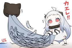 Rule 34 | 10s, 1girl, abyssal ship, ahoge, barefoot, colored skin, commentary request, dress, fish, fishnets, holding, horns, kantai collection, lee (colt), long hair, mittens, northern ocean princess, pale skin, red eyes, saury, sleeveless, sleeveless dress, solo, translation request, white background, white dress, white hair, white skin