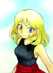 Rule 34 | 1girl, black shirt, blonde hair, breasts, commentary request, creatures (company), eyelashes, game freak, grey eyes, highres, long hair, looking at viewer, mew holic, nintendo, pokemon, pokemon adventures, red skirt, shirt, skirt, small breasts, smile, solo, traditional media, upper body, serena (pokemon)
