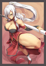 Rule 34 | 1girl, bare shoulders, blazblue, breasts, chinese clothes, cleavage, cleavage cutout, clothing cutout, cosplay, full body, glasses, hair ornament, hair stick, highres, large breasts, litchi faye ling, litchi faye ling (cosplay), long hair, looking at viewer, original, packge, polearm, ponytail, semi-rimless eyewear, solo, standing, standing on one leg, swept bangs, under-rim eyewear, weapon, white-framed eyewear, white hair, yellow eyes