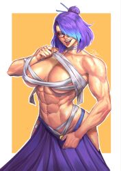 1509virgoart 1girl abs blue_eyes blue_hair border breasts candy character_request chest_sarashi copyright_request food glasses hair_ornament hair_over_one_eye hair_stick highres large_breasts lollipop medium_hair multicolored_hair muscular muscular_female open_mouth orange_background outline pleated_skirt purple_hair purple_skirt red-framed_eyewear sarashi signature skirt solo tongue tongue_out two-tone_hair undressing white_border white_outline