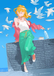 Rule 34 | 1girl, bird, blonde hair, blue sky, bottle, bright pupils, camisole, expressionless, full body, green skirt, highres, horizon, long hair, long skirt, long sleeves, off shoulder, original, outdoors, pink shirt, pomodorosa, red eyes, shirt, shoes, signature, skirt, sky, solo, standing, water, white camisole, white footwear, white pupils