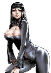 Rule 34 | 1girl, black hair, blunt bangs, bodysuit, breasts, chyko, cleavage, hime cut, large breasts, leaning forward, leather, lips, original, red eyes, solo