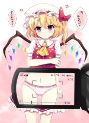 Rule 34 | 1girl, ascot, blonde hair, blush, camcorder, flandre scarlet, gradient background, haruki (colorful macaron), hat, highres, looking at viewer, panties, pink panties, red eyes, revealing layer, side ponytail, simple background, solo focus, touhou, translated, underwear, video camera, viewfinder, wings, x-ray