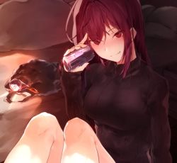 Rule 34 | 1girl, bad id, bad twitter id, black sweater, blush, breasts, can, closed mouth, drink can, fang, fate/grand order, fate (series), hair between eyes, hair intakes, hplay, large breasts, long hair, looking at viewer, outdoors, purple hair, red eyes, ribbed sweater, scathach (fate), sidelocks, sitting, smile, soda can, solo, sweater, turtleneck, turtleneck sweater