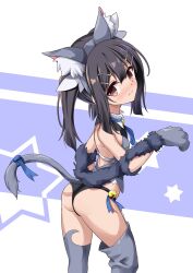 Rule 34 | 1girl, animal ear fluff, animal ear headwear, animal ears, animal hands, ass, bare shoulders, bell, black hair, blush, breasts, brown eyes, cat ears, cat paws, cat tail, closed mouth, fake animal ears, fake tail, fate/kaleid liner prisma illya, fate (series), gloves, grey gloves, grey thighhighs, grey vest, hair between eyes, hair ornament, hairclip, highres, jingle bell, looking at viewer, miyu edelfelt, miyu edelfelt (beast style), morokoshi (tekku), paw gloves, purple background, ribbon, small breasts, solo, star (symbol), tail, tail ornament, tail ribbon, thighhighs, thighs, vest