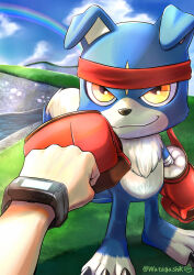 Rule 34 | 1other, absurdres, bandaged arm, bandages, blue sky, boxing gloves, clenched hand, closed mouth, cloud, commentary request, day, digimon, digimon (creature), fist bump, furry, gaomon, gloves, headband, highres, looking at viewer, outdoors, pov, pov hands, rainbow, red gloves, red headband, river, signature, sky, smile, solo focus, standing, twitter username, watagashikn, water, yellow eyes