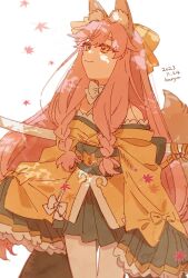Rule 34 | 1girl, animal ear fluff, animal ears, bare shoulders, bow, braided sidelock, cowboy shot, fate/samurai remnant, fate (series), fox ears, fox girl, fox tail, hair bow, japanese clothes, kanya (asa yake01), kimono, leaf, long hair, looking up, maple leaf, obi, pantyhose, pink hair, sash, short eyebrows, short kimono, sleeves past fingers, sleeves past wrists, smile, solo, sword, tail, tamamo (fate), tamamo aria (fate), thick eyebrows, weapon, weapon on back, white bow, white pantyhose, yellow eyes, yellow kimono
