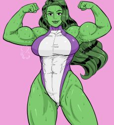 Rule 34 | 1girl, absurdres, armpits, bb (baalbuddy), biceps, black eyes, breasts, closed mouth, colored skin, commentary, cowboy shot, english commentary, flexing, floating hair, green hair, green skin, hands up, highleg, highleg leotard, highres, large breasts, leotard, looking at viewer, marvel, muscular, muscular female, pink background, she-hulk, simple background, smile, smug, solo, standing, steaming body, sweat
