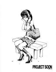 Rule 34 | 1girl, boots, female focus, full body, glasses, high heel boots, high heels, highres, listening, looking at viewer, monochrome, plaid, plaid skirt, simple background, sitting, skirt, solo, tnsdl85, white background