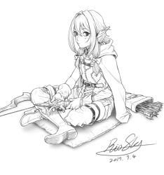 Rule 34 | 1girl, boots, bow, cleaning, cleaning weapon, cloak, closed mouth, crossed legs, dagger, dated, elf, goblin slayer!, greyscale, hair between eyes, hair bow, high elf archer (goblin slayer!), highres, holding, holding dagger, holding knife, holding weapon, hood, hood down, hooded cloak, knife, light blush, looking at viewer, monochrome, pointy ears, quiver, rio skywalker, short hair with long locks, sidelocks, signature, simple background, sitting, solo, weapon