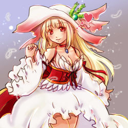 Rule 34 | 1girl, blonde hair, blush, breasts, choker, cleavage, closed mouth, commentary request, corset, cowboy shot, detached sleeves, dress, feathers, frilled dress, frilled sleeves, frills, gem, grey background, hat, long hair, looking at viewer, manoji, medium breasts, official alternate costume, pink hat, ragnarok online, red eyes, sleeveless, sleeveless dress, smile, solo, sun hat, wanderer (ragnarok online), white dress, white sleeves, wide sleeves