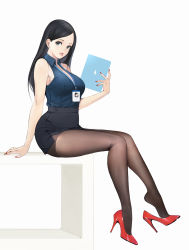 Rule 34 | 1girl, black hair, black pantyhose, black skirt, blue shirt, bobobong, breasts, business suit, cleavage, collared shirt, earrings, formal, full body, green eyes, high heels, highres, holding, id card, jewelry, large breasts, long hair, mole, mole under eye, nail polish, office lady, original, pantyhose, patent heels, pencil skirt, pinup (style), pumps, red footwear, red nails, shirt, shoe dangle, shoes, skirt, skirt suit, sleeveless, sleeveless shirt, stiletto heels, suit, tight skirt