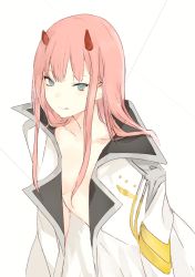 Rule 34 | 10s, 1girl, blue eyes, breasts, closed mouth, coat, collarbone, darling in the franxx, horns, jacket, jacket on shoulders, licking lips, long hair, looking at viewer, lpip, medium breasts, military jacket, naked coat, pink hair, solo, tongue, tongue out, white background, white coat, zero two (darling in the franxx)