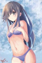 Rule 34 | 10s, 1girl, alternate costume, artist name, bare arms, bare shoulders, bikini, black hair, blue eyes, breasts, commentary request, eyebrows, hair over one eye, hayashimo (kancolle), kantai collection, long hair, looking down, navel, simple background, small breasts, solo, swimsuit, yanagi wakana