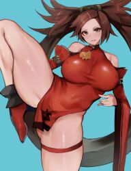 Rule 34 | 1girl, arc system works, ass, bare legs, bare shoulders, belt, blue background, breasts, brown eyes, brown hair, covered erect nipples, covered navel, curvy, fighting stance, fingernails, guilty gear, guilty gear xrd, highres, kataku musou, kuradoberi jam, large breasts, lips, long hair, long legs, looking at viewer, martial arts, nipples, simple background, skirt, smile, solo, solo focus, standing, standing on one leg, thick thighs, thighs, tight clothes, wide hips