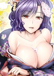 Rule 34 | 1girl, alcohol, bare shoulders, breasts, bust cup, cleavage, female focus, floral print, highres, huge breasts, nail polish, no bra, open mouth, purple hair, red eyes, sake, solo, strap slip, touhou, wet, y2, yasaka kanako