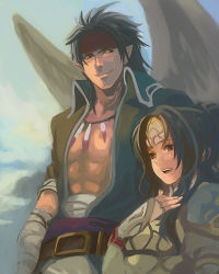 Rule 34 | 1boy, 1girl, abs, bandages, brown eyes, brown hair, couple, elincia ridell crimea, feathered wings, fire emblem, fire emblem: path of radiance, fire emblem: radiant dawn, gloves, green hair, hanakago, hand on own chest, hetero, laguz (race), long hair, lowres, nintendo, outdoors, pointy ears, scar, short hair, sky, smile, tibarn, wings