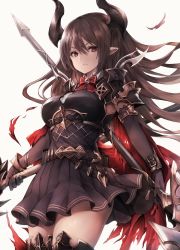 Rule 34 | 1girl, absurdres, armor, armored boots, belt, black footwear, black skirt, boots, bow, bowtie, breastplate, breasts, brown hair, cape, closed mouth, collared shirt, cowboy shot, draph, dual wielding, expressionless, floating hair, forte (shingeki no bahamut), has bad revision, has downscaled revision, highres, holding, holding polearm, holding spear, holding weapon, horns, large breasts, long hair, looking at viewer, md5 mismatch, miniskirt, pleated skirt, pointy ears, polearm, red eyes, resolution mismatch, revision, shingeki no bahamut, shirt, shoulder armor, sidelocks, skirt, snm (sunimi), solo, source smaller, spear, standing, thighhighs, undershirt, weapon, zettai ryouiki