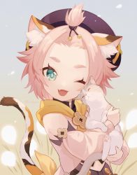 Rule 34 | 1girl, animal ear fluff, animal ears, aqua eyes, bangs pinned back, cat, cat ears, cat girl, cat tail, commentary, detached sleeves, diona (genshin impact), genshin impact, highres, one eye closed, pink hair, puffy detached sleeves, puffy sleeves, smile, solo, sui25jiyuu, tail, thick eyebrows