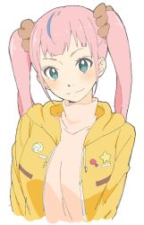 Rule 34 | 1girl, absurdres, bad id, bad twitter id, blue eyes, closed mouth, donguri suzume, hair ornament, hair scrunchie, head tilt, highres, hood, hood down, hooded jacket, jacket, long hair, looking at viewer, original, pink hair, pink sweater, scrunchie, simple background, smile, solo, sweater, twintails, upper body, white background, yellow jacket
