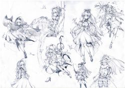 Rule 34 | :d, absurdres, alternate costume, arknights, astesia (arknights), astesia (frlibe on the palace) (arknights), astgenne (arknights), cloak, dress, dynamic pose, flying animal, foot up, high heels, highres, holding, holding sword, holding wand, holding weapon, looking at viewer, lying, monochrome, open mouth, oy youyou yo, pillow, sketch, smile, swinging, sword, traditional media, wand, weapon