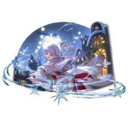 Rule 34 | :d, bare shoulders, blue eyes, blue hair, eyelashes, granblue fantasy, hair ornament, hat, lily (granblue fantasy), long hair, long sleeves, looking at viewer, moon, open mouth, pointy ears, smile, snowflakes, snowman, solo, teeth, tongue, transparent background