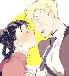 Rule 34 | 1boy, 1girl, alphonse elric, black hair, black jacket, black neckwear, blonde hair, blush, braid, circle, close-up, closed eyes, collared shirt, cu churain, double bun, dress shirt, ear blush, earrings, formal, from side, frown, full-face blush, fullmetal alchemist, hair bun, head back, heart, hetero, high collar, imminent kiss, jacket, jewelry, leaning, leaning forward, looking at another, looking down, may chang, multiple braids, necktie, neckwear grab, nervous, open mouth, pink shirt, pout, profile, pulling, pulling another&#039;s clothes, shirt, simple background, sweat, sweatdrop, teeth, tongue, trembling, two-tone background, upper body, v-shaped eyebrows, white background, white shirt, yellow background, yellow eyes