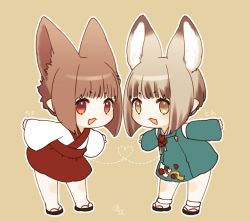 Rule 34 | 2girls, animal ears, brown background, brown eyes, brown hair, chibi, extra ears, final fantasy, final fantasy xiv, full body, highres, japanese clothes, lalafell, looking at viewer, miko, multicolored hair, multiple girls, open mouth, outline, pointy ears, red eyes, sakura chiyo (konachi000), sandals, simple background, standing, two-tone hair, v-shaped eyebrows, white outline, wolf ears