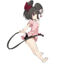 Rule 34 | 1girl, animal ears, bare legs, barefoot, black hair, black panties, blush, bow, closed mouth, commentary request, ear piercing, ear ribbon, flower, hand up, highres, looking at viewer, looking to the side, mabuta (byc0yqf4mabye5z), mouse ears, mouse girl, mouse tail, original, panties, piercing, pink shirt, purple bow, purple eyes, shirt, short hair, short sleeves, simple background, sketch, solo, tail, underwear, white background, white flower