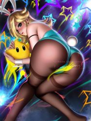 Rule 34 | 1girl, animal ears, ass, blonde hair, blue eyes, blush, bow, breasts, crown, earrings, fake animal ears, hair over one eye, highres, jewelry, leotard, liang xing, long hair, looking at viewer, luma (mario), mario (series), nintendo, pantyhose, playboy bunny, rabbit, rabbit ears, rabbit girl, rabbit tail, rosalina, simple background, smile, solo, star (symbol), star earrings, super mario galaxy, tail, wrist cuffs