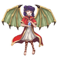 Rule 34 | 1girl, dragon girl, dragon wings, dragonstone, female focus, fire emblem, fire emblem: the sacred stones, gem, highres, holding, looking at viewer, multi-tied hair, myrrh (fire emblem), nintendo, purple hair, red eyes, sandals, simple background, smile, solo, twintails, white background, wings