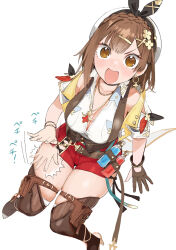Rule 34 | 1girl, atelier (series), atelier ryza, belt, breasts, brown eyes, brown hair, cleavage, conto, earrings, gloves, hair ornament, hairclip, hat, highres, jewelry, lap pillow, lap pillow invitation, large breasts, looking at viewer, medium breasts, necklace, open mouth, red shorts, reisalin stout, short hair, short shorts, shorts, simple background, slapping, solo, star (symbol), thick thighs, thighhighs, thighs, translation request, vial, white background, white hat