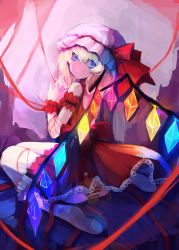 Rule 34 | 1girl, alternate eye color, bad id, bad pixiv id, blonde hair, blue eyes, bobby socks, dress, embodiment of scarlet devil, female focus, flandre scarlet, from behind, hat, heterochromia, looking at viewer, looking back, no shoes, own hands together, panties, red panties, ribbon, sitting, socks, solo, striped clothes, striped panties, touhou, underwear, wariza, wings, wrist cuffs, zhuxiao517