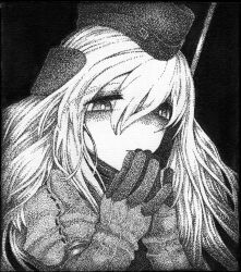 Rule 34 | 1girl, bodysuit, cb839, diving suit, garrison cap, gloves, greyscale, hair between eyes, hat, headgear, highres, jacket, kantai collection, long hair, long sleeves, looking at viewer, monochrome, own hands together, simple background, solo, steepled fingers, u-511 (kancolle), upper body, wetsuit
