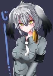 Rule 34 | &gt;:(, 10s, 1girl, ahoge, asymmetrical hair, belt, bird wings, black hair, blonde hair, blush, bodystocking, breast pocket, breasts, closed mouth, collared shirt, commentary, feathered wings, frown, grey hair, grey shirt, hair between eyes, hair tie, head wings, highres, impossible clothes, impossible shirt, kemono friends, layered sleeves, long hair, long sleeves, looking at viewer, low ponytail, medium breasts, muki (munikichan), multicolored hair, necktie, orange hair, pocket, shirt, shoebill (kemono friends), short over long sleeves, short sleeves, side ponytail, solo, upper body, v-shaped eyebrows, white necktie, wings, yellow eyes