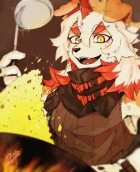 Rule 34 | 1boy, animal ears, arknights, black shirt, commentary request, cooking, dark ishihara, fangs, fire, food, fried rice, furry, furry male, highres, holding, holding ladle, horns, hung (arknights), ladle, looking at food, male focus, multicolored hair, mythological creature, open mouth, shirt, signature, single horn, sleeveless, sleeveless shirt, streaked hair, upper body, wok