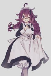 Rule 34 | 1girl, absurdres, antenna hair, apron, braid, closed mouth, dorothy (sinoalice), glasses, grey background, hair ornament, hairpin, highres, holding, holding clothes, holding skirt, index finger raised, long hair, long sleeves, looking at viewer, maid, maid apron, maid headdress, merry-san, one eye closed, purple eyes, purple hair, simple background, sinoalice, skirt, solo, twin braids