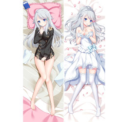 Rule 34 | 1girl, bare shoulders, barefoot, bed sheet, blue eyes, book, breasts, collarbone, dakimakura (medium), dress, erspace, flower, full body, hair flaps, hair flower, hair ornament, hand up, hands up, head on pillow, imouto sae ireba ii, interlocked fingers, jewelry, kani nayuta, large breasts, long hair, looking at viewer, lying, multiple views, on back, paper, parted lips, petals, ribbon, round teeth, silver hair, swept bangs, teeth, thigh gap, thighhighs, thighs, tiara, upper teeth only, wedding dress, white dress, white thighhighs