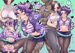 Rule 34 | ..., 1girl, 2boys, abs, absurdres, ahegao, anal, animal ears, arm grab, arms behind back, ass, blush, breasts, cat ears, cat tail, censored, chastity cage, collarbone, covered erect nipples, crossdressing, cum, cum in ass, dark-skinned male, dark skin, ejaculating while penetrated, ejaculation, flat chastity cage, handsfree ejaculation, head out of frame, headpat, heart, heart censor, highres, interracial, jacket, japanese text, jewelry, large breasts, male penetrated, midriff, multiple boys, muscular, muscular male, necklace, nipples, no panties, obata riri, original, pantyhose, purple eyes, purple hair, purple jacket, sex, sex from behind, shirt, skirt, small penis, speech bubble, spread legs, standing, standing sex, striped clothes, striped shirt, tail, testicles, thighs, tongue, tongue out, torn clothes, torn pantyhose, translation request, yaoi