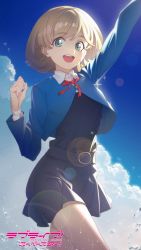 Rule 34 | 1girl, :d, arm up, black dress, blonde hair, blue eyes, cloud, copyright name, cropped jacket, day, doconim, dress, highres, long sleeves, looking at viewer, love live!, love live! superstar!!, medium hair, neck ribbon, open mouth, outdoors, red ribbon, ribbon, short hair, smile, solo, tang keke, teeth, translation request, upper teeth only