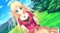 Rule 34 | 1girl, arms behind back, blonde hair, blue eyes, blush, cloud, collarbone, day, female focus, game cg, grass, highres, jewelry, light, long hair, looking at viewer, mel carlyle, necklace, pendant, plant, ryuuyoku no melodia, skirt, sky, smile, solo, tenmaso, tree, whirlpool (studio)